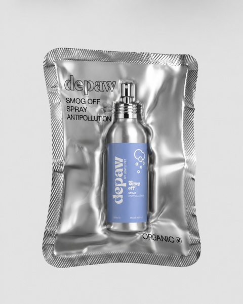 Flacone di Smog Off da 150 ml in una busta di alluminio argentata, Depaw